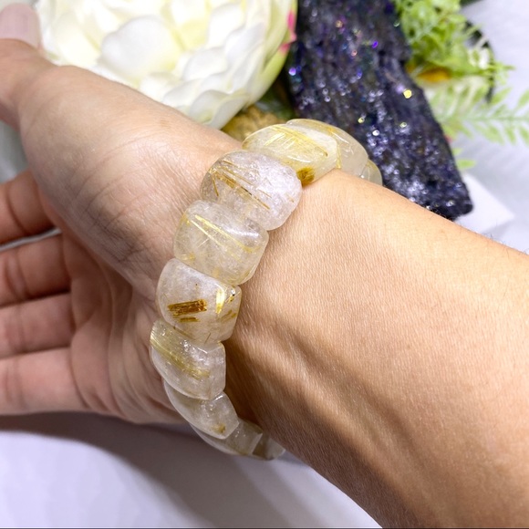 Semi Precious Golden Rutile Quartz Gemstone Crystal Bracelet - Picture 11 of 16
